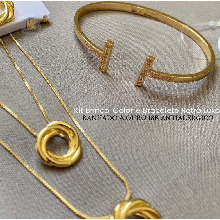 Kit Brinco, Colar e bracelete Retro Luxo Banhado A Ouro 18K