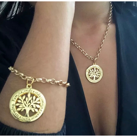 Conjunto árvore da vida Folheado Banhado 18k Moeda Antiga